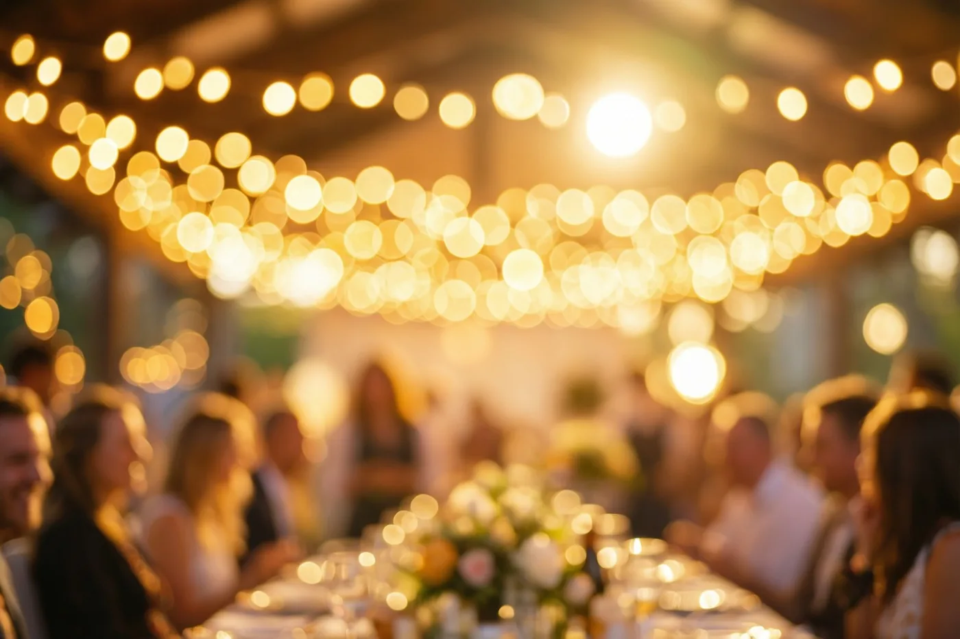Op een onscherpe nachtfoto zitten mensen aan een lange tafel onder warmgouden lichtslingers en zachte lichtvlekken.