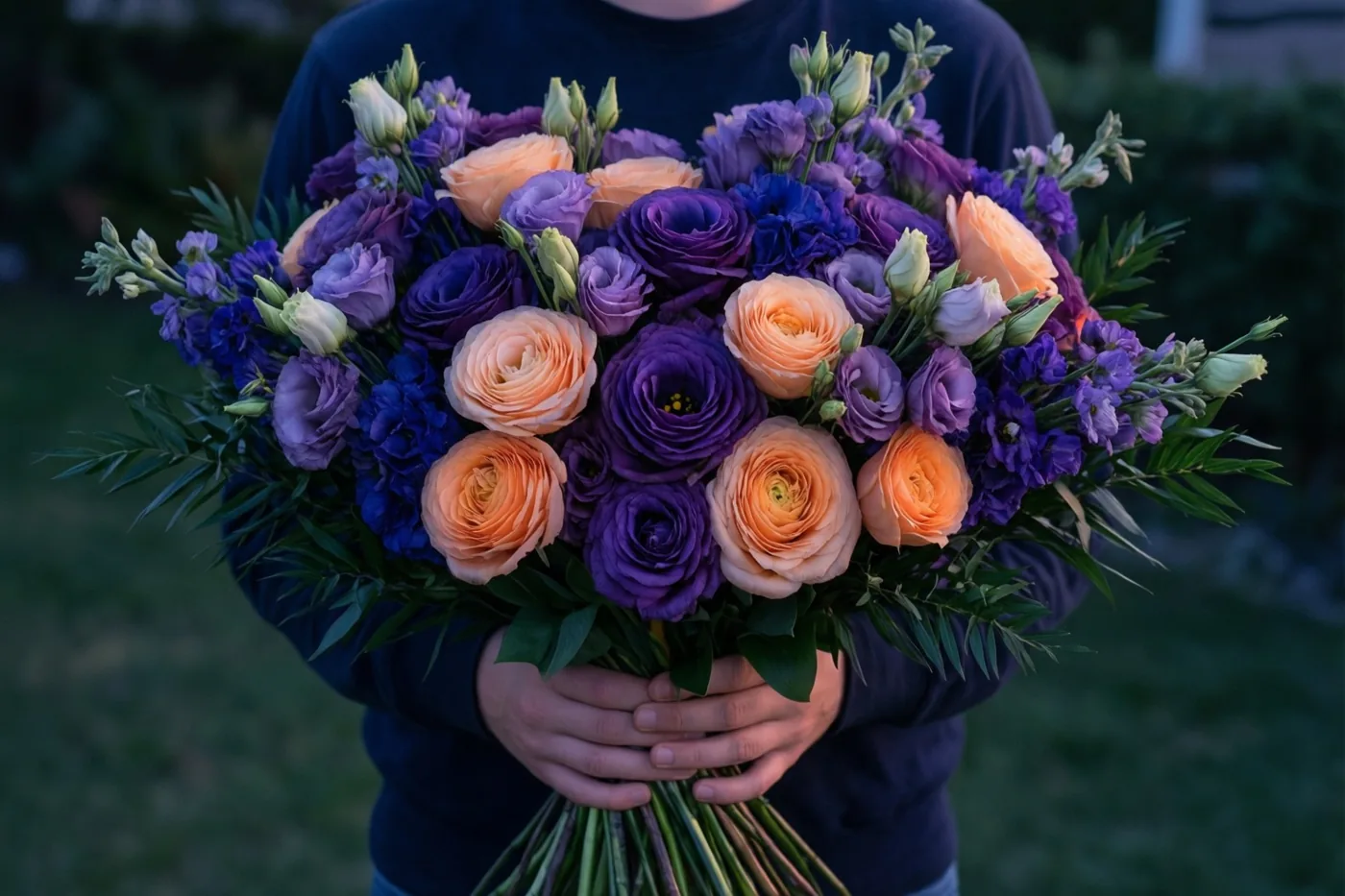 Iemand in een donker shirt houdt buiten in gedempt daglicht een groot boeket paarse en perzikkleurige bloemen vast dat het gezicht verbergt.