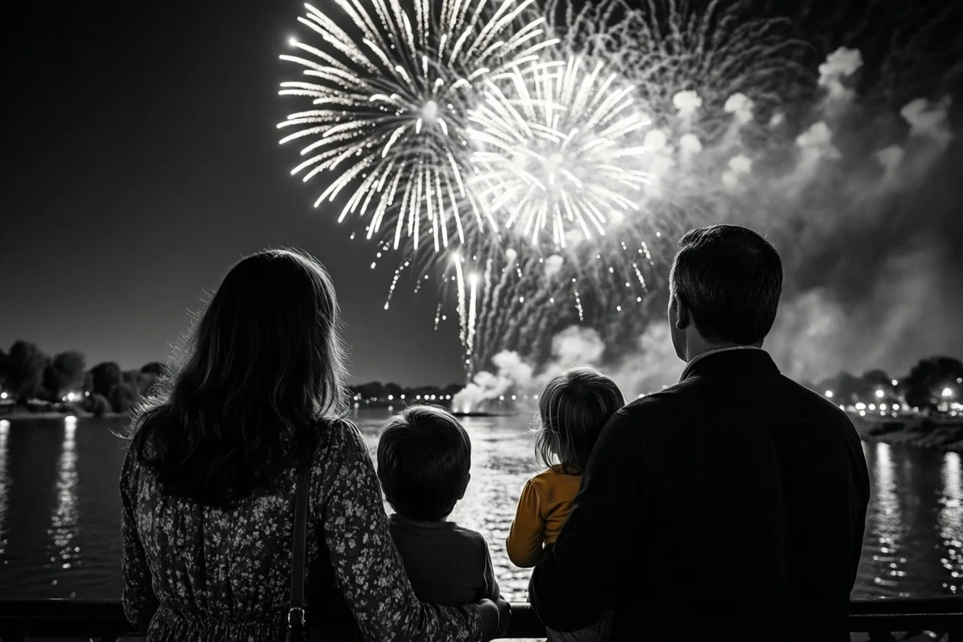 Een zwart-witbeeld toont een gezin van vier personen dat, van achteren gezien, 's nachts naar vuurwerk boven een rivier kijkt.