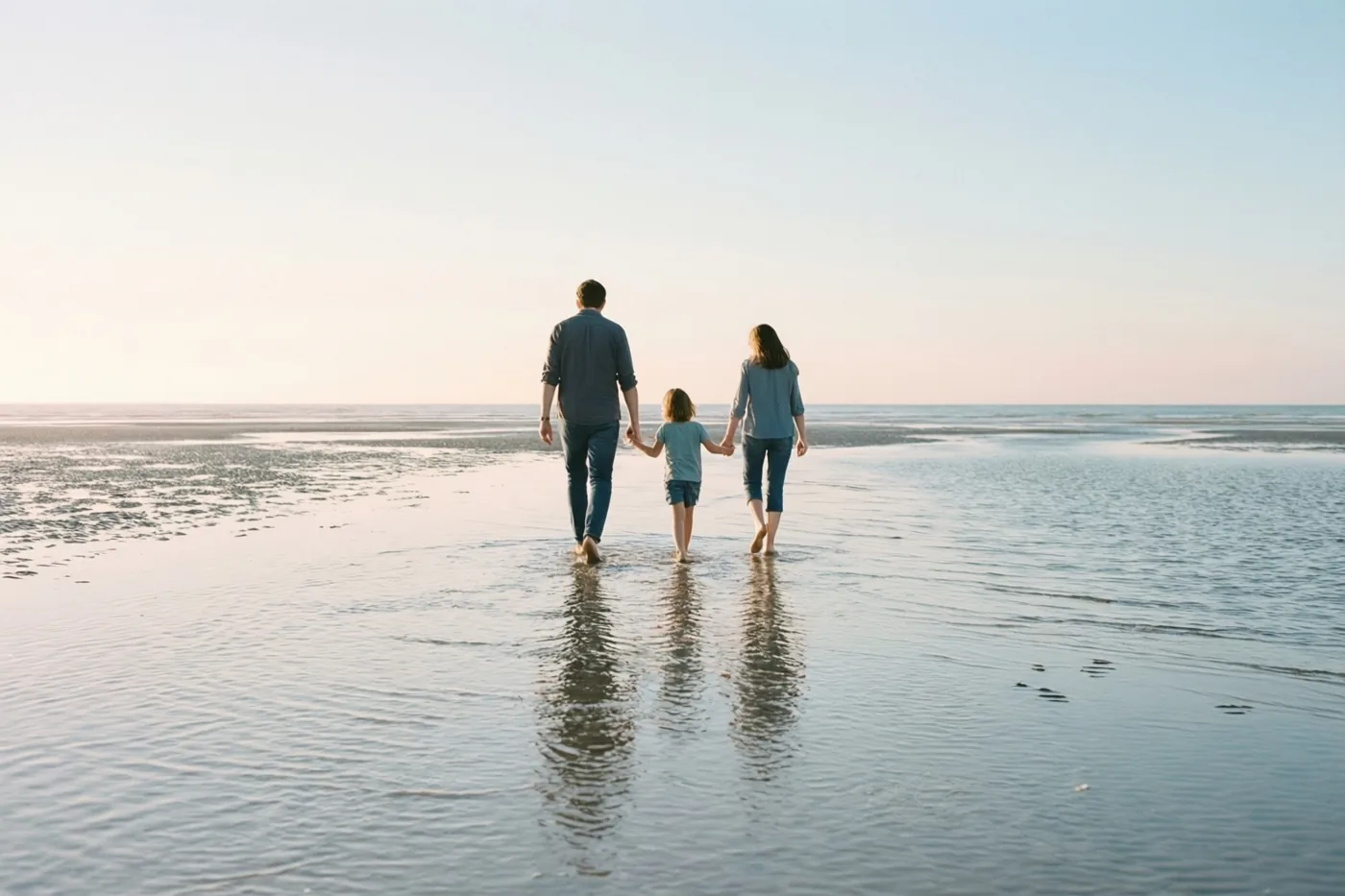 Een gezin van drie loopt blootsvoets over een nat strand bij eb, van achteren gezien in warm licht met weerspiegelingen in het kalme water.