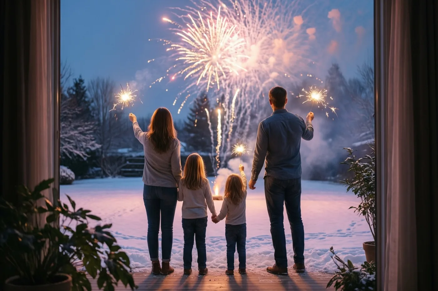 Tussen gordijnen en kamerplanten door is een gezin van vier van achteren te zien op een besneeuwd grasveld, elk met een brandend sterretje onder nachtelijk vuurwerk.