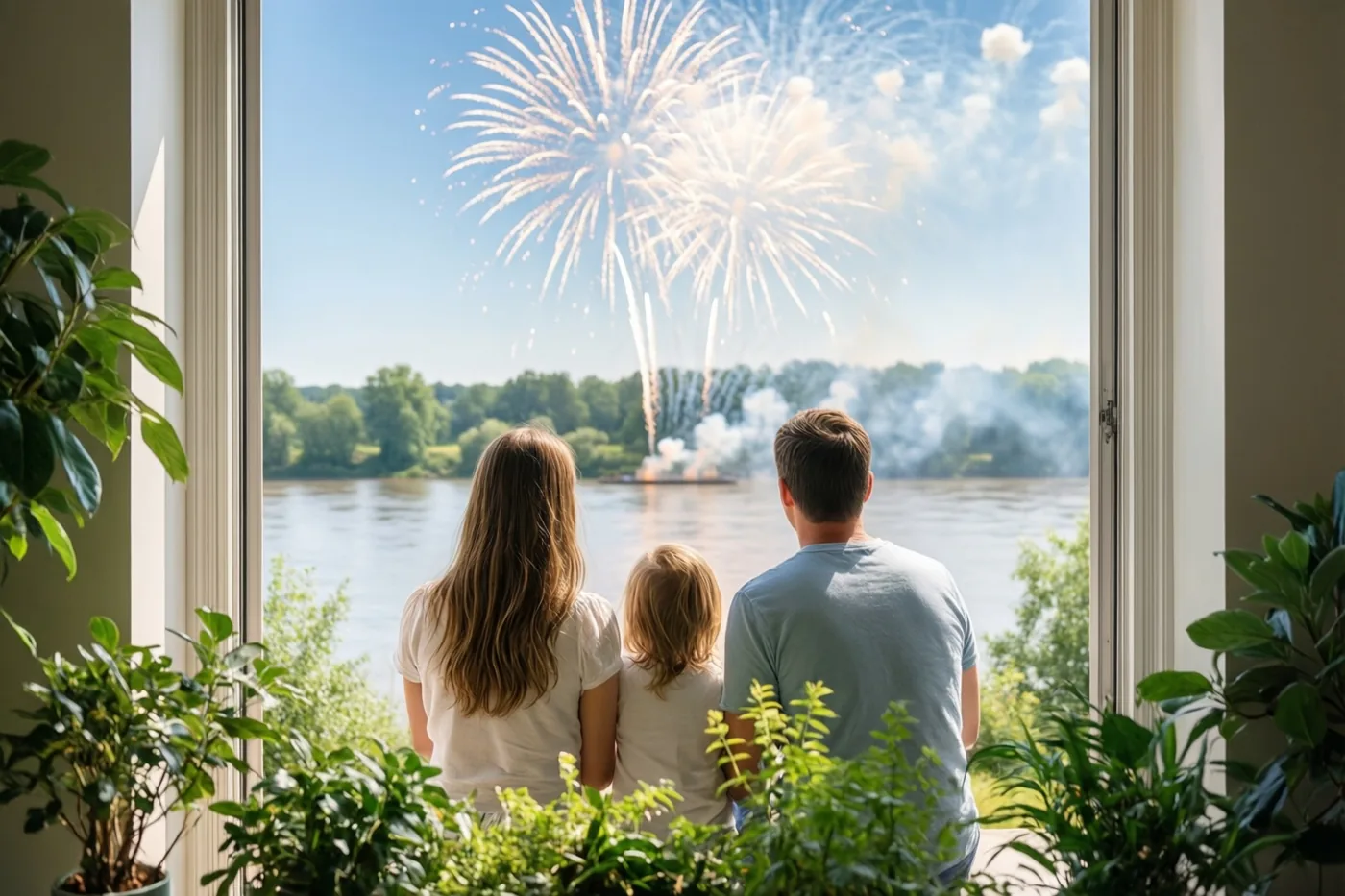 Een gezin van drie personen staat, van achteren gezien, aan een raam tussen kamerplanten en kijkt naar vuurwerk boven een rivier onder een heldere blauwe hemel.
