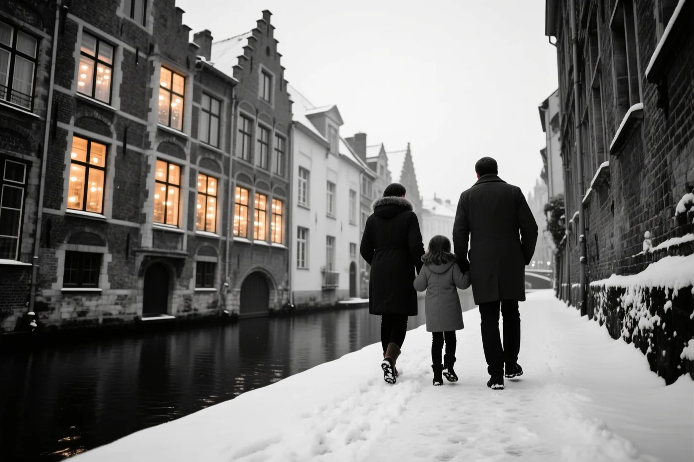 Een gezin van drie wandelt van de camera weg langs een besneeuwd kanaal in Gent, in een monochroom stadsbeeld met goudgeel verlichte ramen in historische gebouwen.