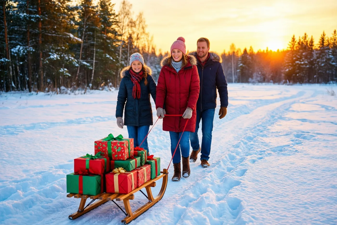 Een gezin van drie loopt bij valavond door een besneeuwd veld met een houten slee vol ingepakte kerstcadeaus, in het gouden licht van de ondergaande zon achter een besneeuwd bos.