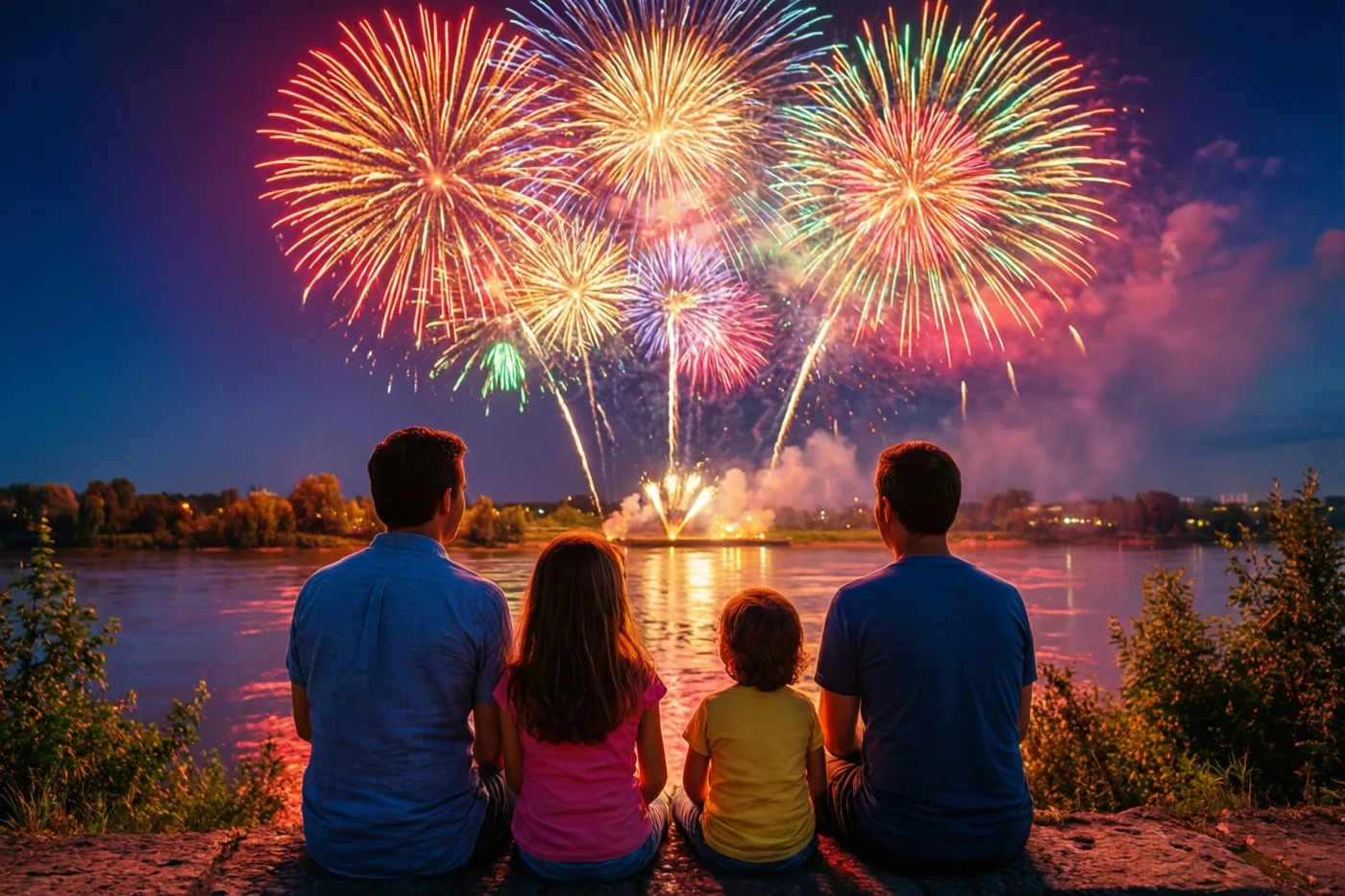Een gezin van vier personen zit, van achteren gezien, op een rivieroever en kijkt naar rood, geel, groen en blauw vuurwerk boven het water onder een donkere hemel.