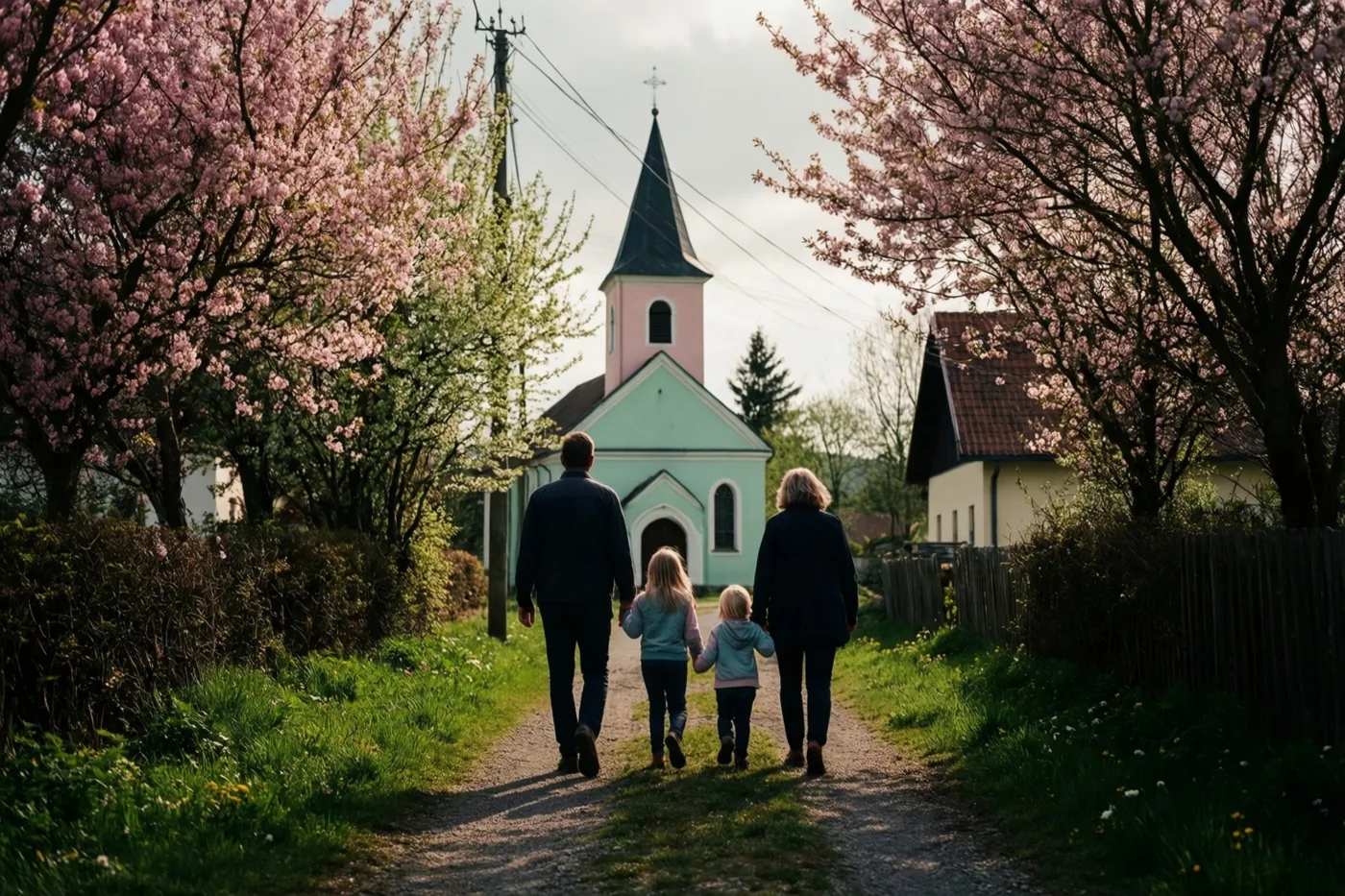 Een gezin van vier loopt van de camera weg over een onverhard pad naar een dorpskerk, tussen roze bloeiende kersenbomen en groen gras in zacht daglicht.