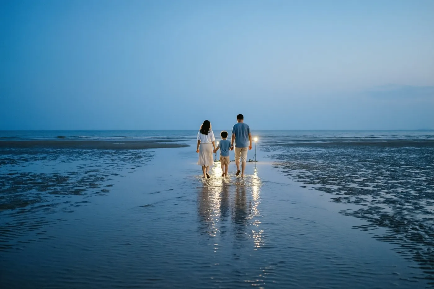 Een gezin van drie wandelt van de camera weg over een nat strand bij eb, met weerspiegelingen in het ondiepe water onder een heldere blauwe schemerlucht.
