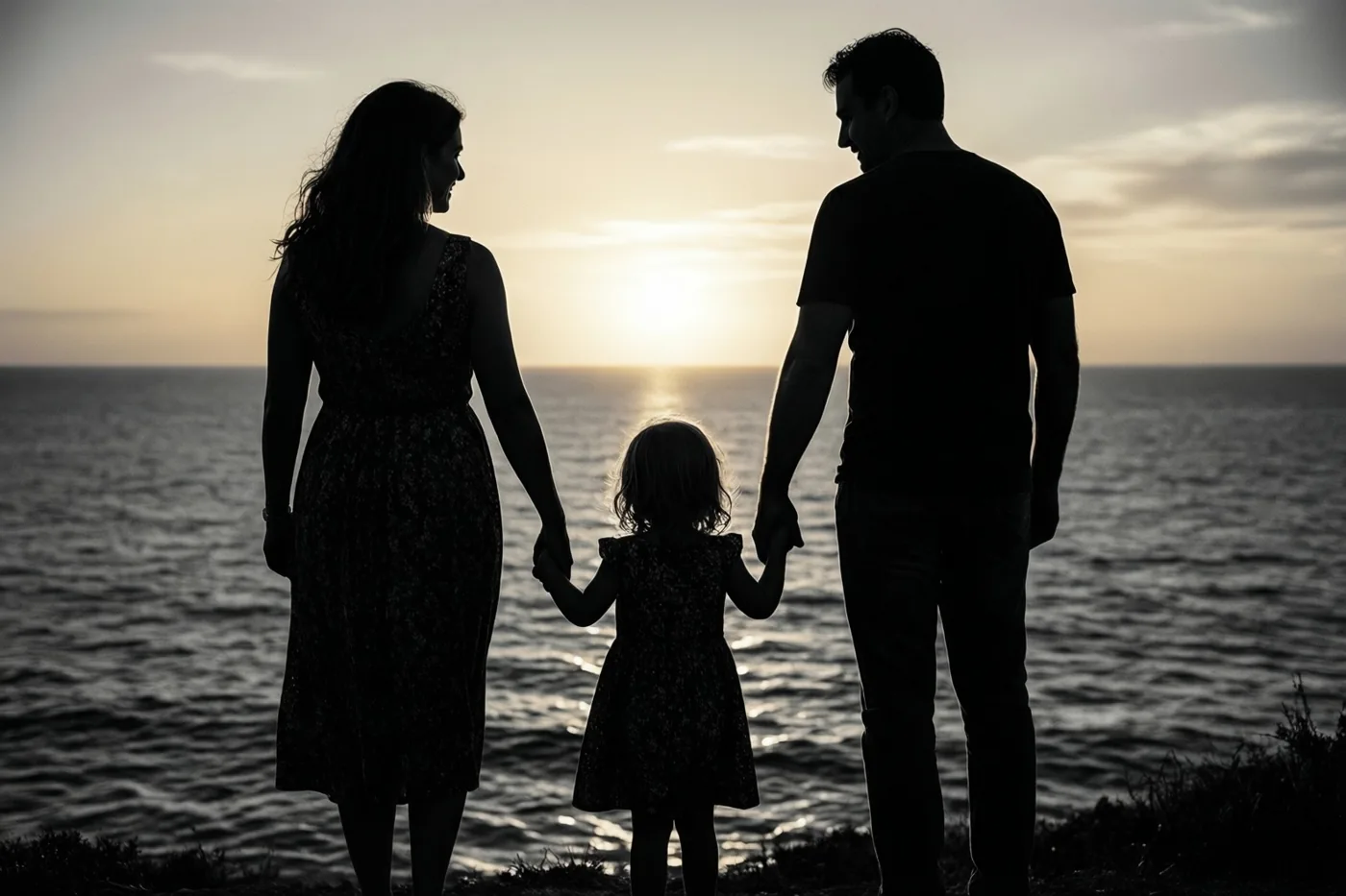 De silhouetten van een vader, moeder en kind staan hand in hand op het strand voor een kalme zee, met de ondergaande zon aan de horizon.
