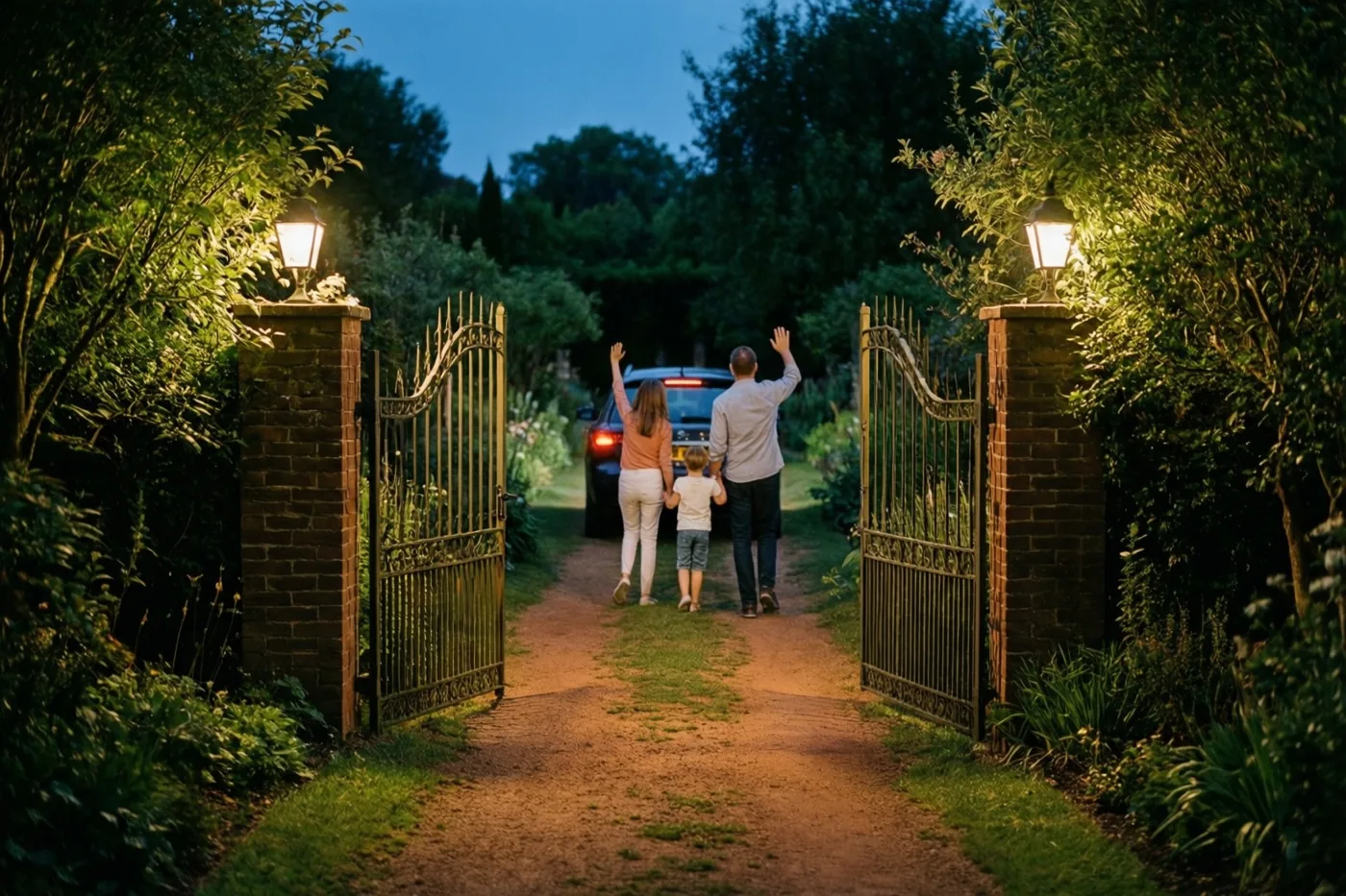 Een gezin van drie loopt van achteren gezien zwaaiend naar een open smeedijzeren tuinhek, terwijl lampen het pad en het groen in de schemering verlichten.