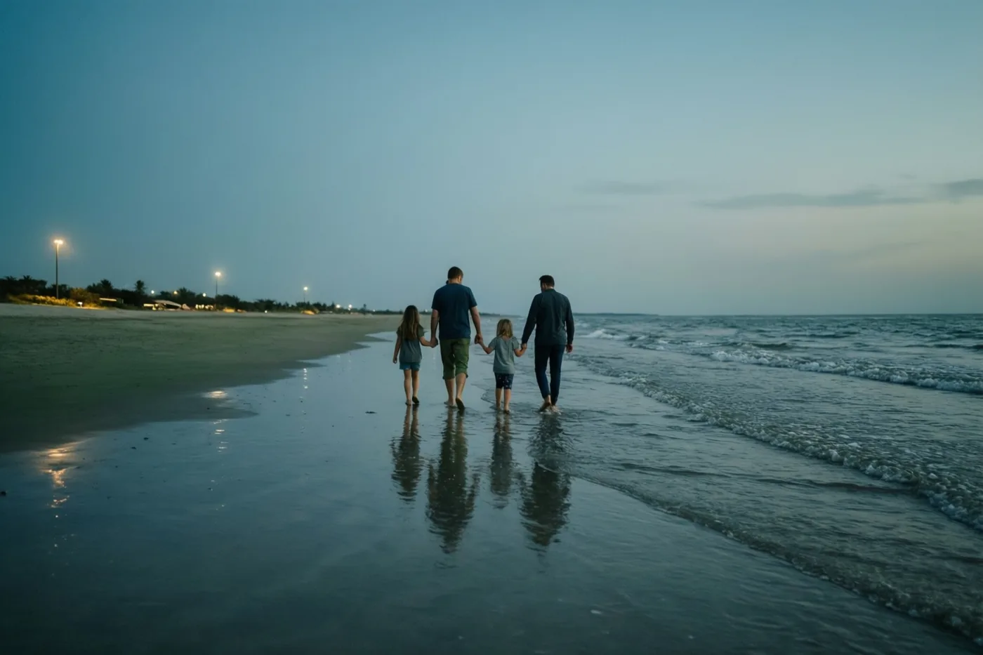 Een gezin van vier wandelt hand in hand over een nat strand bij eb, van achteren gezien in de schemering met een kalme zee en lichtjes langs de kust.