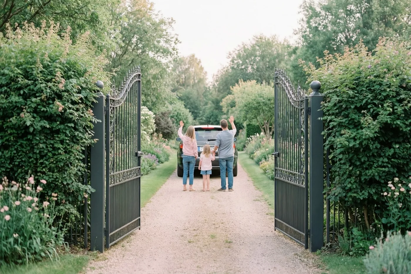 Een gezin van drie staat van achteren gezien op een grindpad en zwaait een auto uit, omlijst door een open sierlijk metalen hek en bloeiend groen.