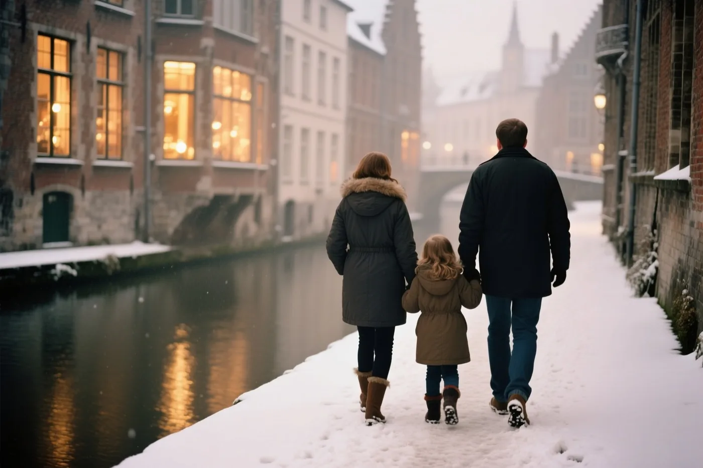 Een gezin van drie wandelt van de camera weg over een besneeuwd pad langs een kanaal in Gent, naast historische gebouwen met warm verlichte ramen.