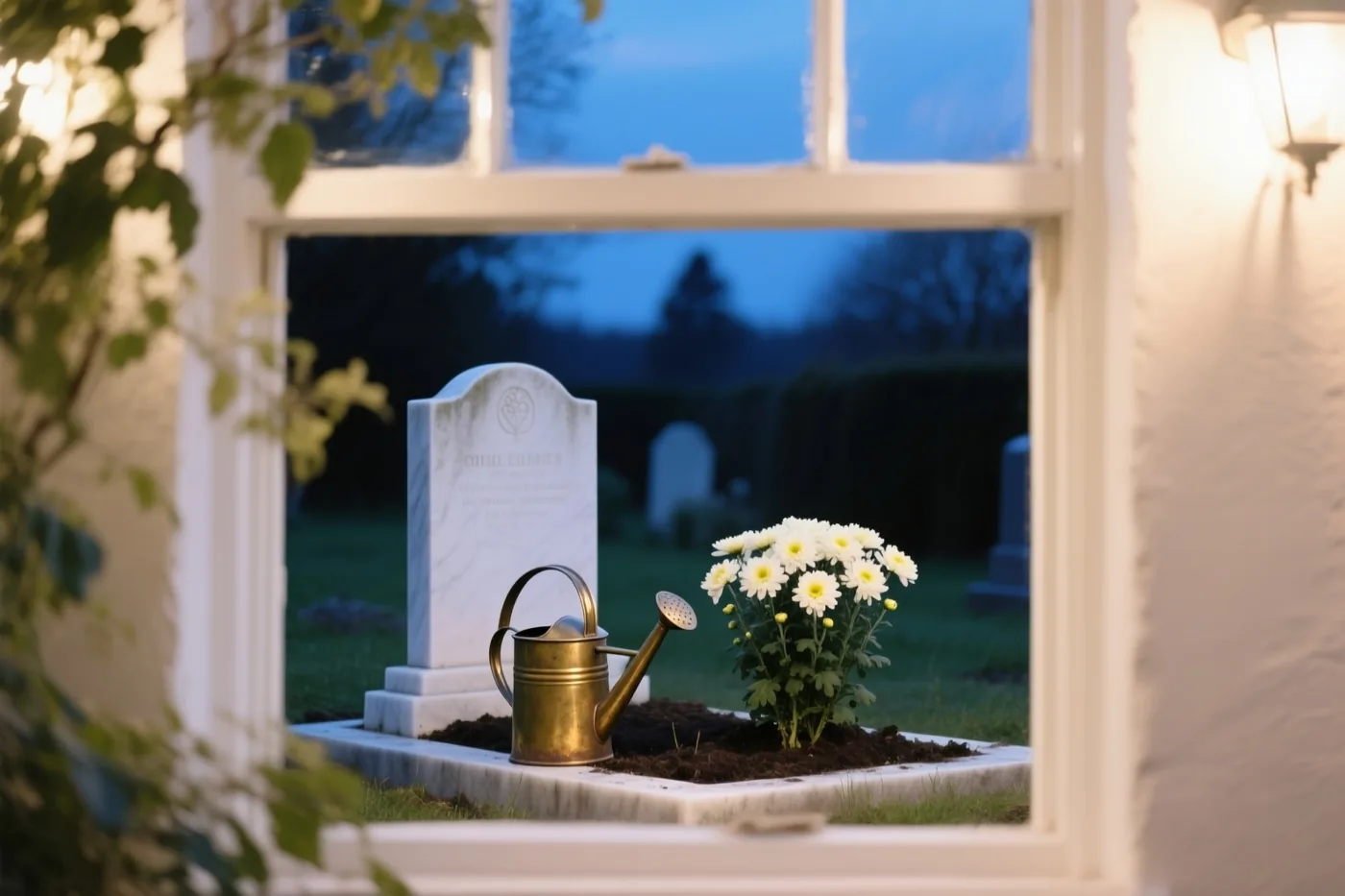 Door een raam is een messing gieter naast een pas beplant graf met chrysanten te zien, met een blauwe schemerlucht buiten en warm licht binnen.