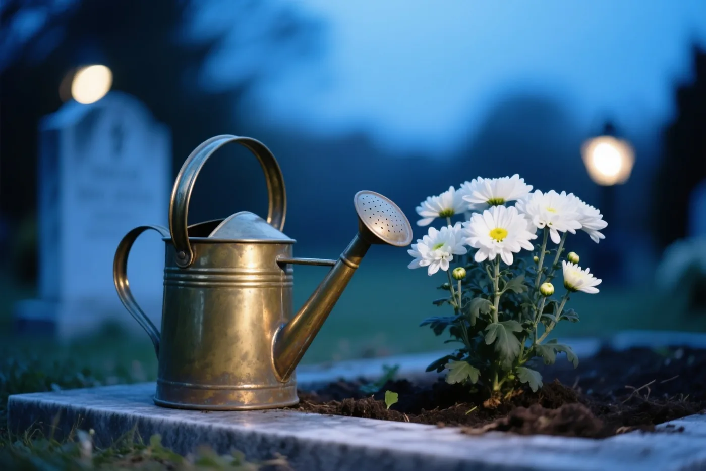 Een oude messing gieter staat naast een graf met pas geplante witte chrysanten, met wazige grafstenen en lichtjes in de schemering.
