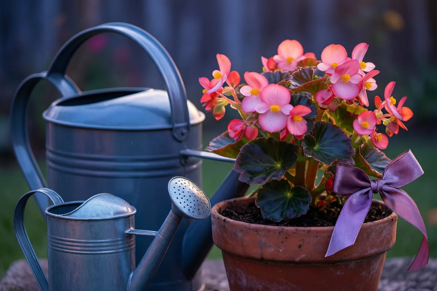 Een grote en een kleine metalen gieter staan buiten naast een terracotta pot met roze begonia's en een paars lint, tegen een onscherpe achtergrond.