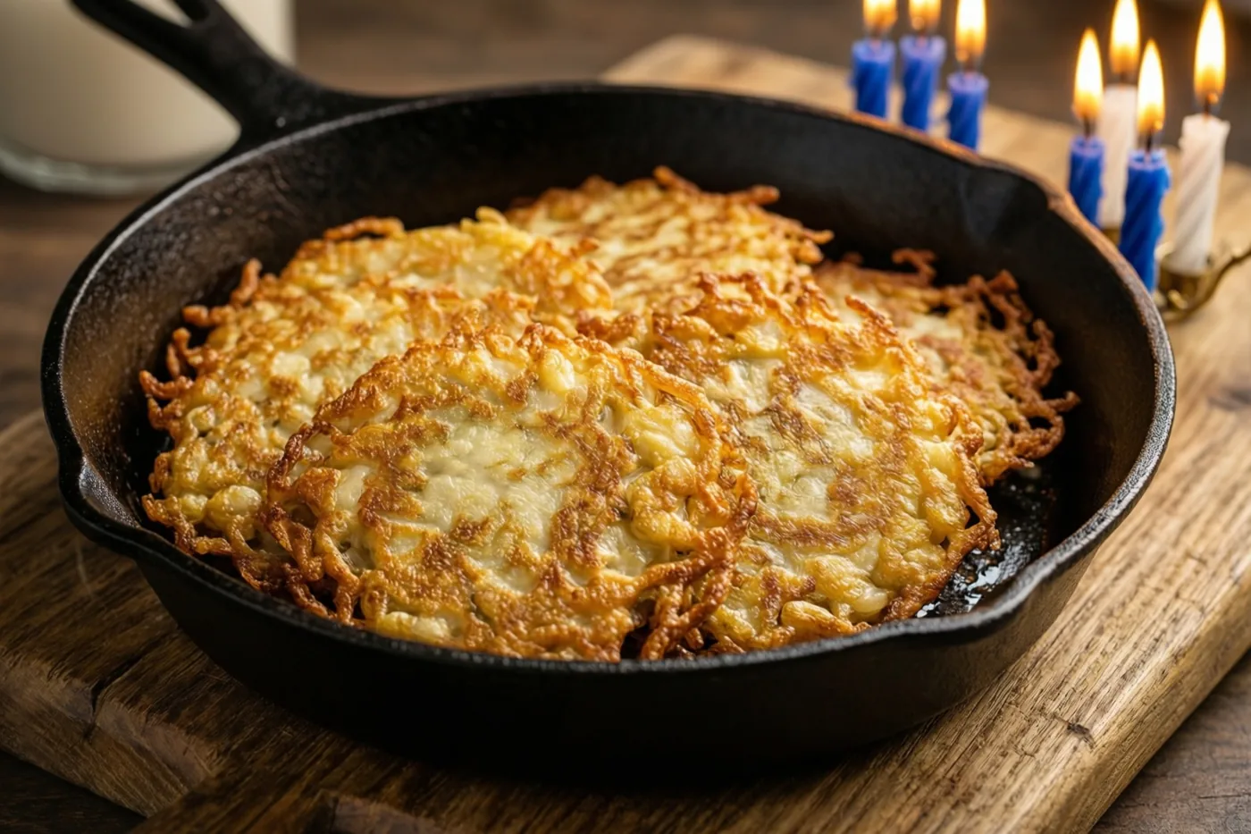 Een gietijzeren pan vol goudbruine krokante latkes staat op een houten plank, met brandende blauwe en witte Chanoekakaarsen op de achtergrond.