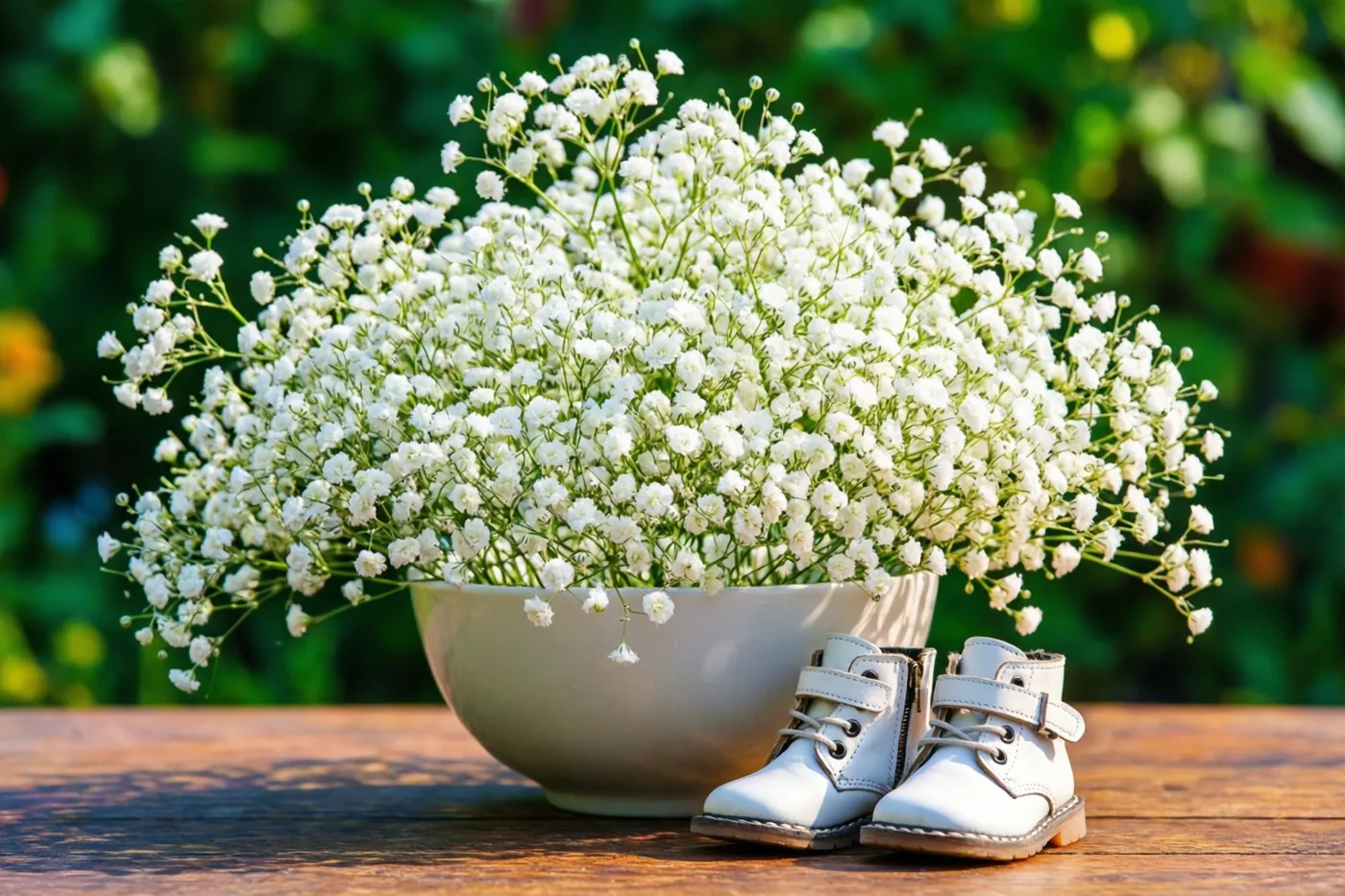 Een grote bos wit gipskruid in een lichte schaal staat op een houten ondergrond naast kleine witte leren babyschoentjes, met een wazige groene tuin op de achtergrond.
