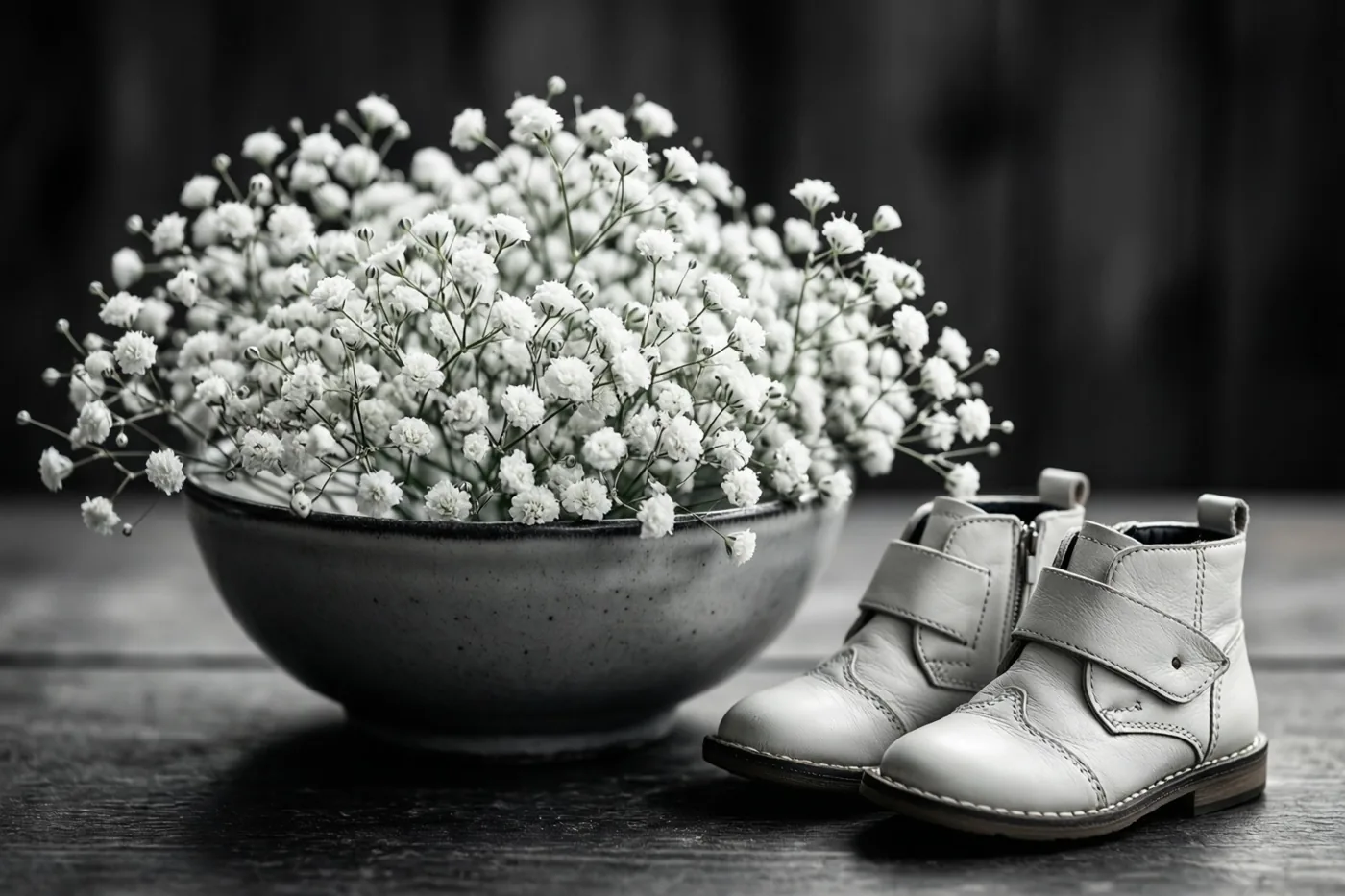 Een monochroom beeld toont een schaal met wit gipskruid naast kleine witte leren babyschoentjes op een donkere houten ondergrond.