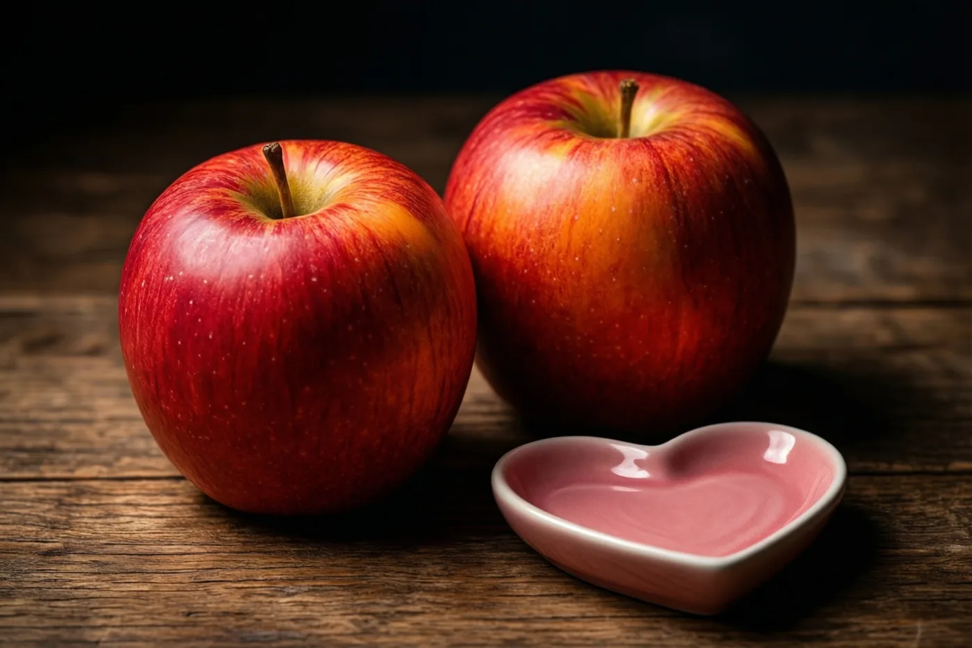 Twee glanzende rode appels raken elkaar op een donkere houten tafel, met een roze hartvormig schaaltje ernaast in warm licht.