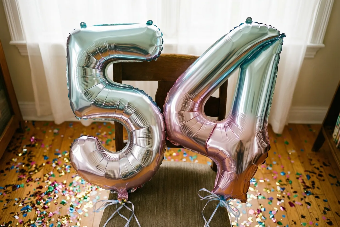 Twee grote metalen cijferballonnen vormen 54 aan een houten stoel in een lichte kamer, met een zilveren en pastelkleurige glans en kleurrijke confetti op de vloer.