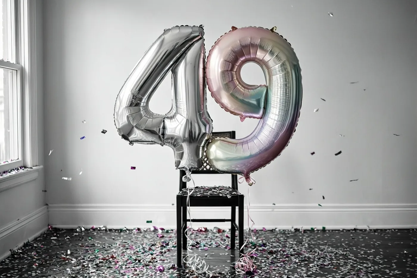 Twee grote folieballonnen in de vorm van 4 en 9, zilver en met een parelmoerglans in pasteltinten, zijn vastgemaakt aan een zwarte stoel in een lichte kamer met confetti, een witte muur en een raam.