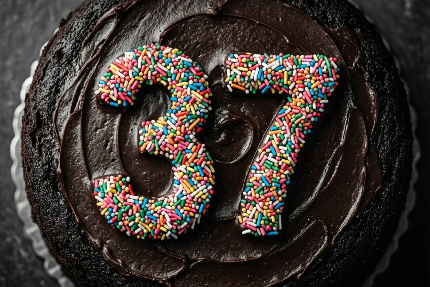 Van bovenaf zie je een ronde taart met glanzend chocoladeglazuur en 37 van kleurrijke suikerstrooisels, op een donkere ondergrond met een witte geschulpte taartbodem.