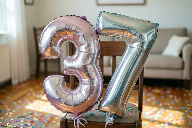 Metaalkleurige ballonnen in de vorm van 3 en 7 zijn aan een houten stoel vastgemaakt in een zonnige kamer met kleurrijke confetti op de vloer.
