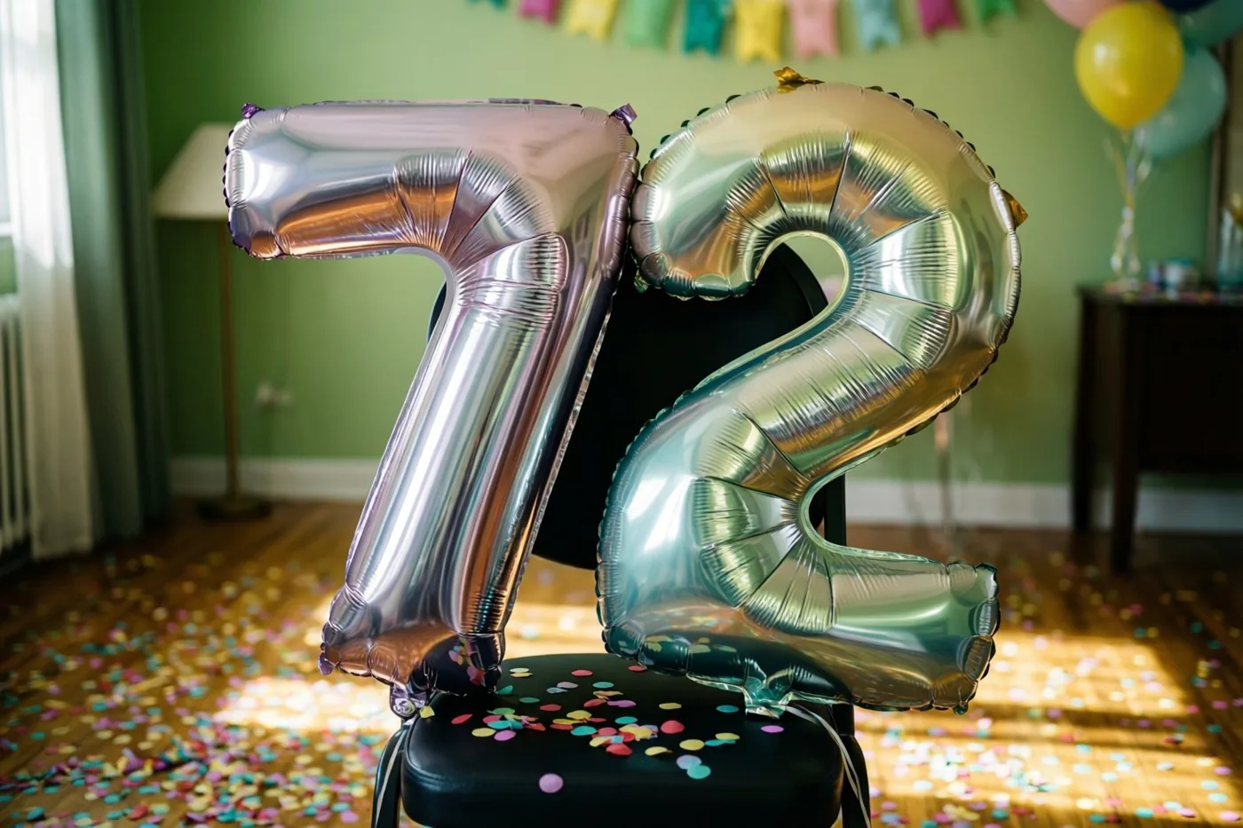 Glanzende ballonnen in de vorm van 7 en 2 zijn vastgemaakt aan een zwarte stoel in een lichte kamer met confetti en pastelversiering.