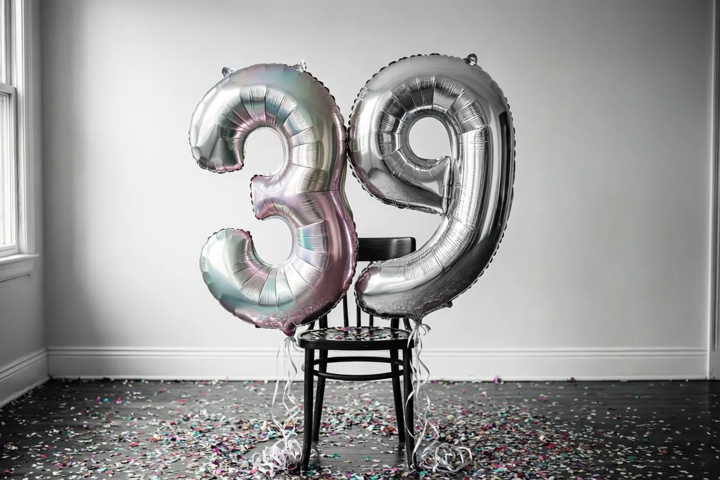 Twee grote cijferballonnen vormen 39 en zijn aan een zwarte stoel vastgemaakt in een lichte kamer, met een zilveren pastelglans en confetti op de donkere vloer.