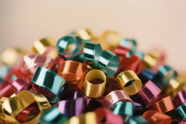 Een hoop glanzende gekrulde linten in allerlei kleuren is van dichtbij te zien tegen een effen wazige achtergrond.