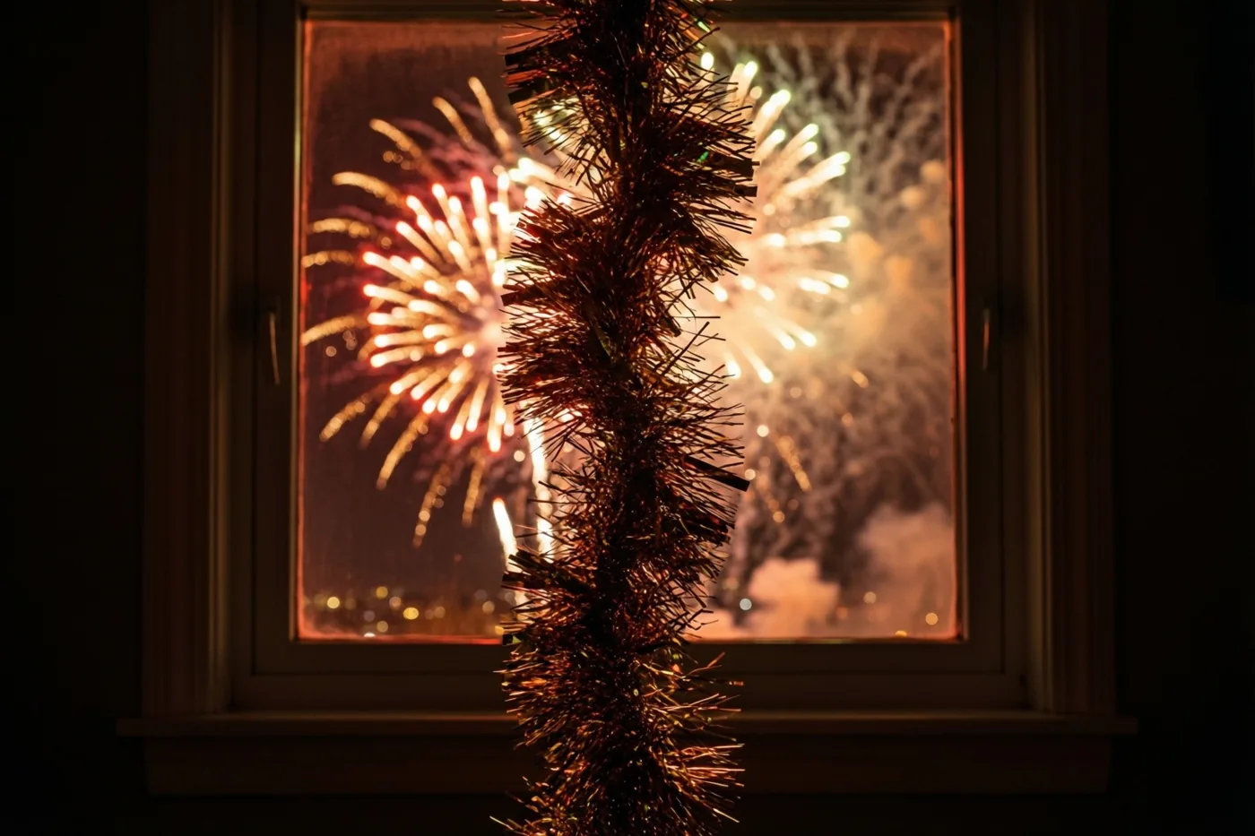 Een glanzende metallic slinger staat op de voorgrond met kleurrijk vuurwerk achter het raam, in overwegend warme oranje en witte tinten.
