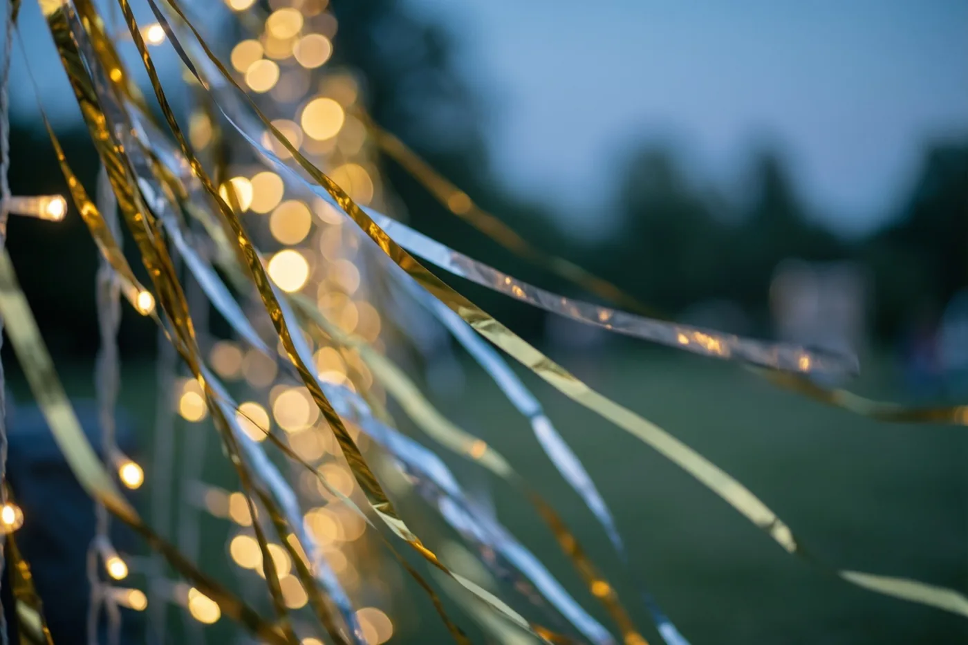 Gouden en zilveren metallic slingers staan voor wazige warme lichtjes en groen onder een koele blauwe schemerhemel.