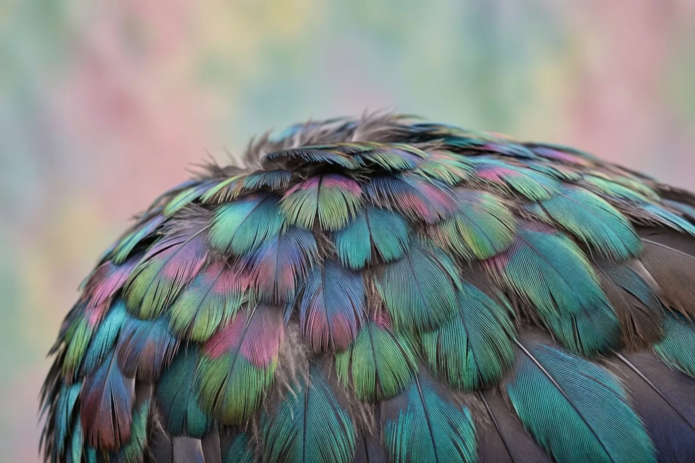 Glanzende veren in blauwgroen, groen en magenta vullen het beeld tegen een zacht vervaagde achtergrond in pasteltinten.