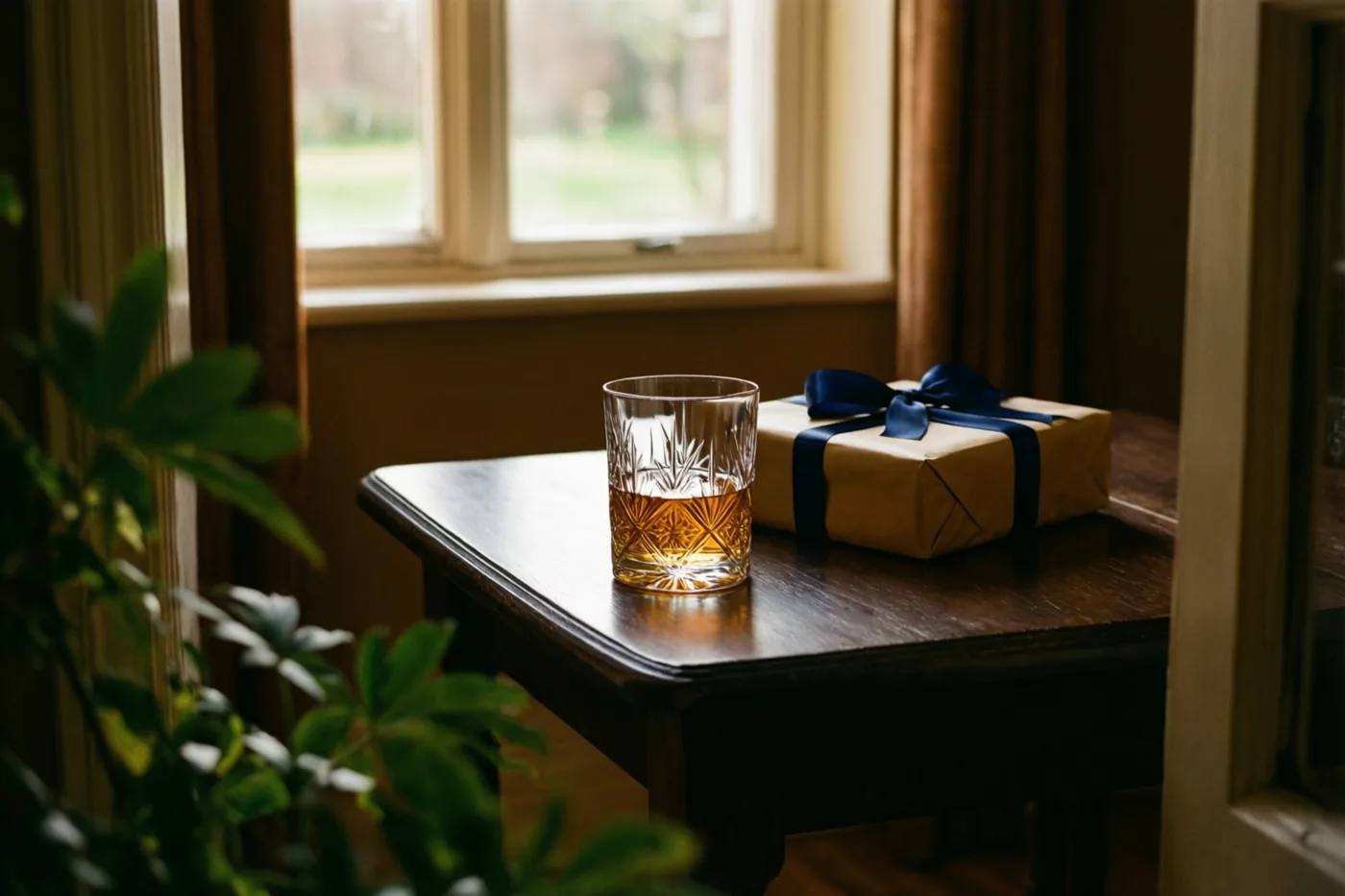 Een kristallen whiskyglas met amberkleurige drank staat met een cadeau in bruin papier met donkerblauw lint op een donkere houten tafel bij een raam.
