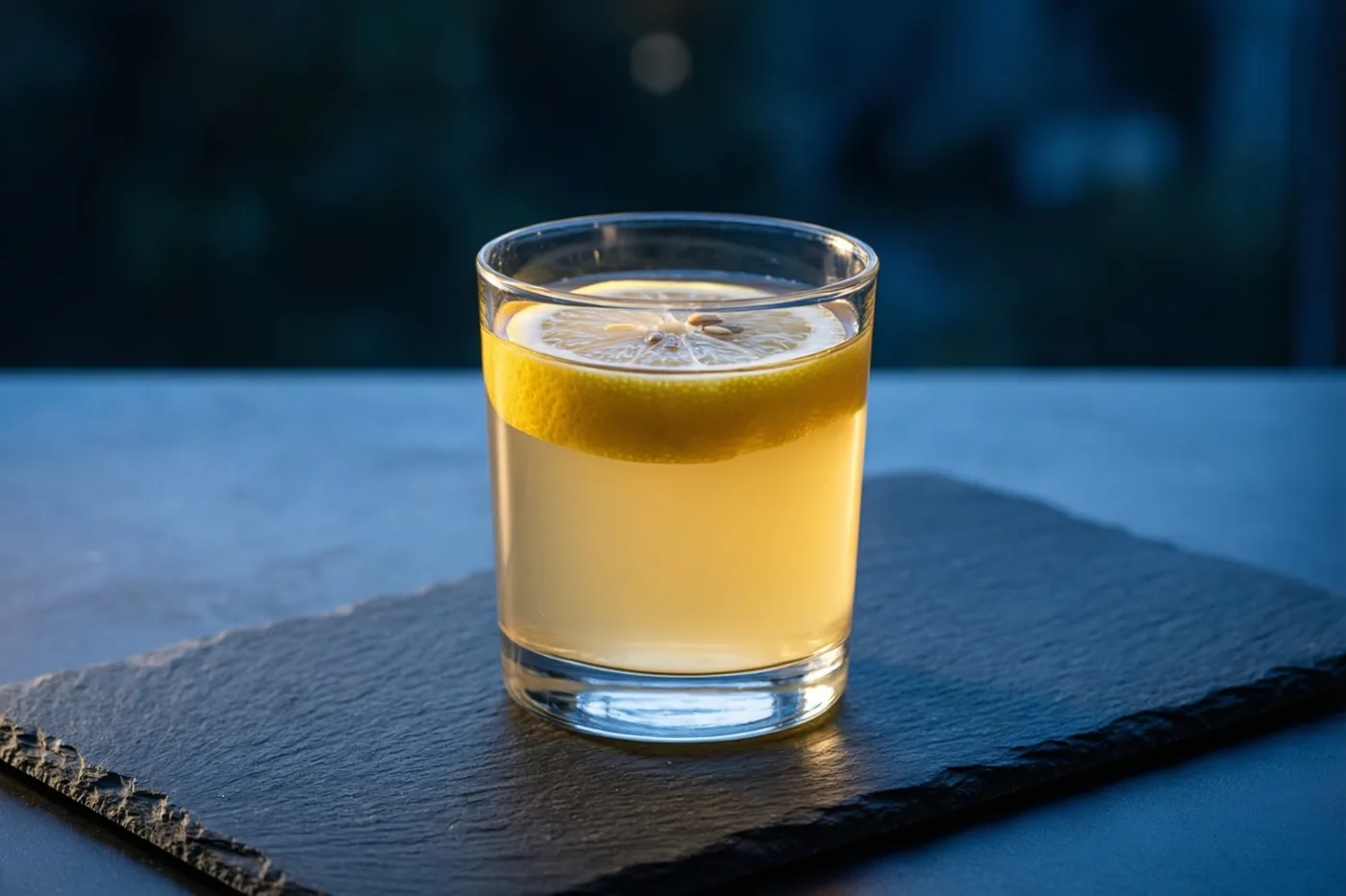 Een glas met een gele drank en een drijvend schijfje citroen staat op een donkere leistenen onderzetter, met zacht zijlicht en een onscherpe blauwe achtergrond.