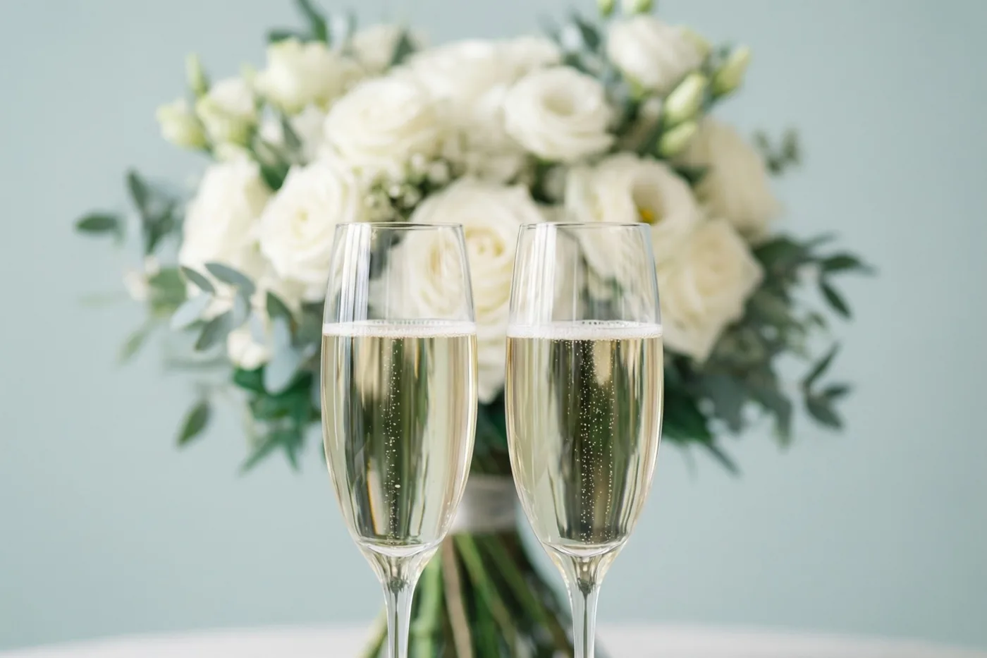 Twee champagneglazen met mousserende wijn staan voor een onscherp wit bruidsboeket, met een lichtblauwe achtergrond en een witte ondergrond.