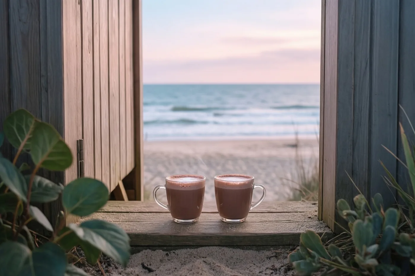 Twee glazen mokken warme chocolademelk staan op een houten trede van een strandhut, met onscherpe zee en lucht in zachte pasteltinten bij schemerlicht.