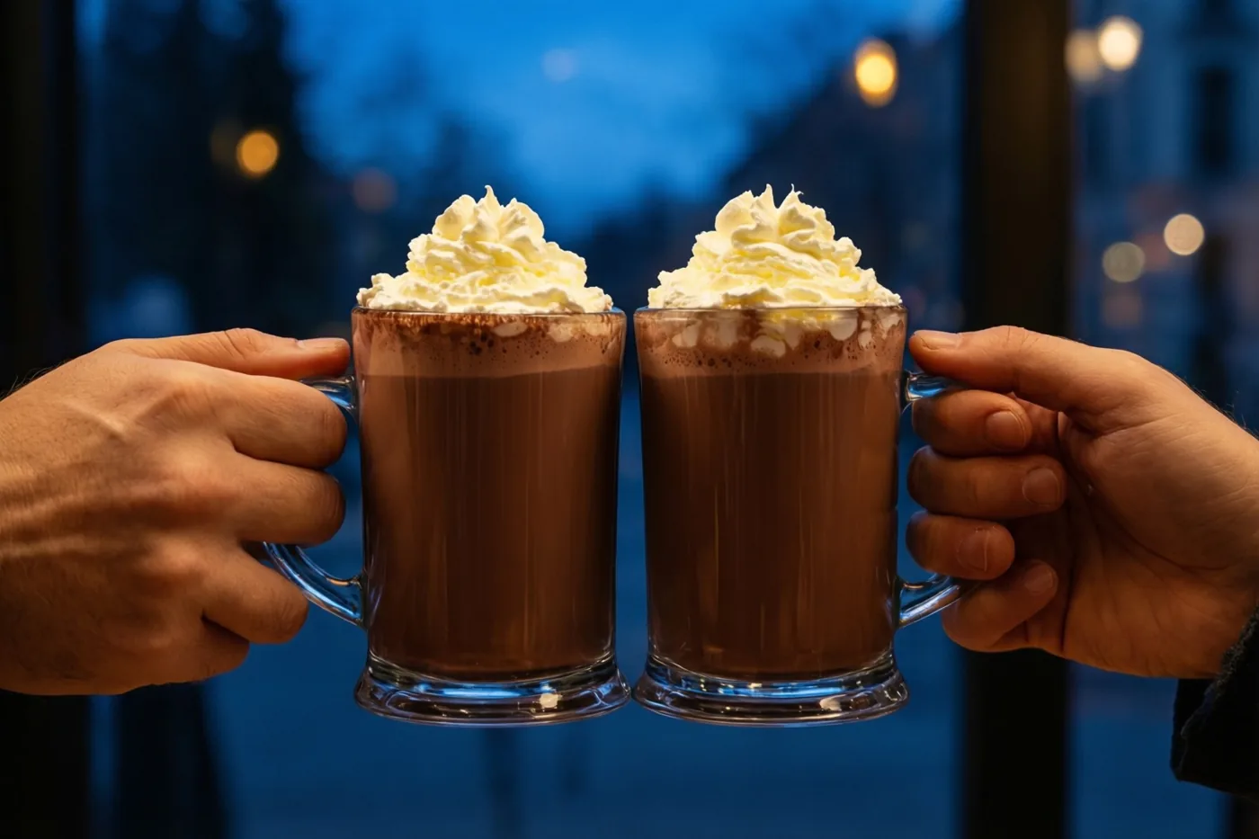 Twee handen klinken glazen mokken chocolademelk met slagroom tegen elkaar voor een wazig raam in blauw avondlicht.