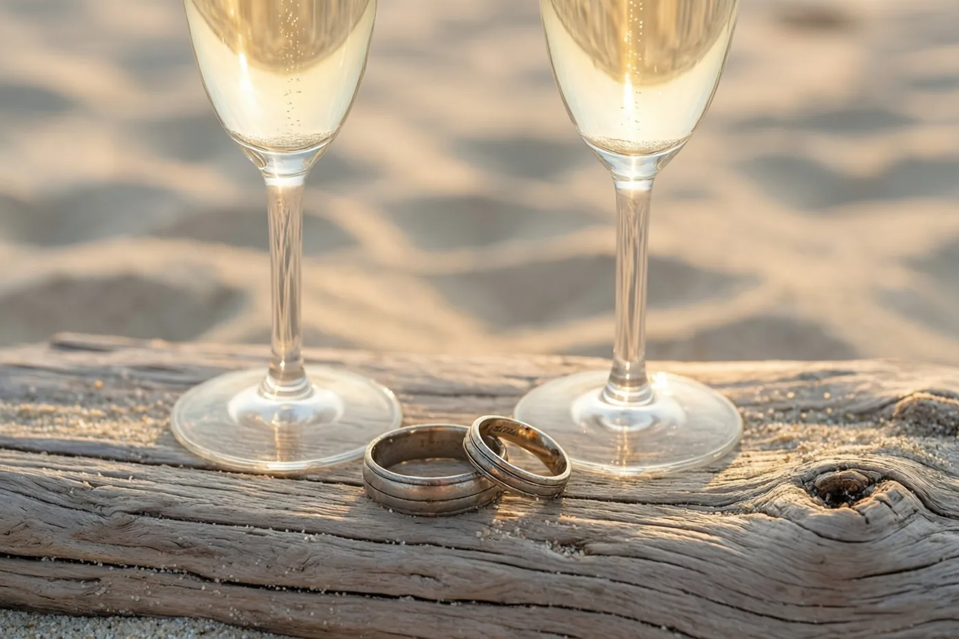 Twee champagneglazen en twee trouwringen bevinden zich op een verweerde plank drijfhout op een zandstrand in het warme goudkleurige licht van de ondergaande zon.