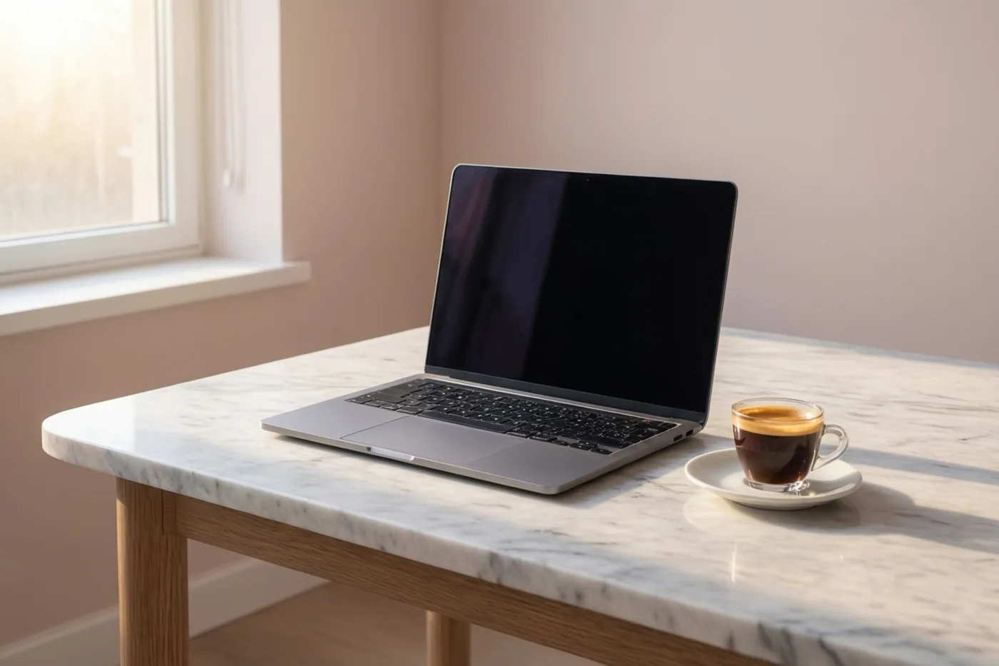 Een zilverkleurige laptop met zwart scherm staat op een wit marmeren bureau naast een glazen espressokopje op een schoteltje, in zacht ochtendlicht van een raam.