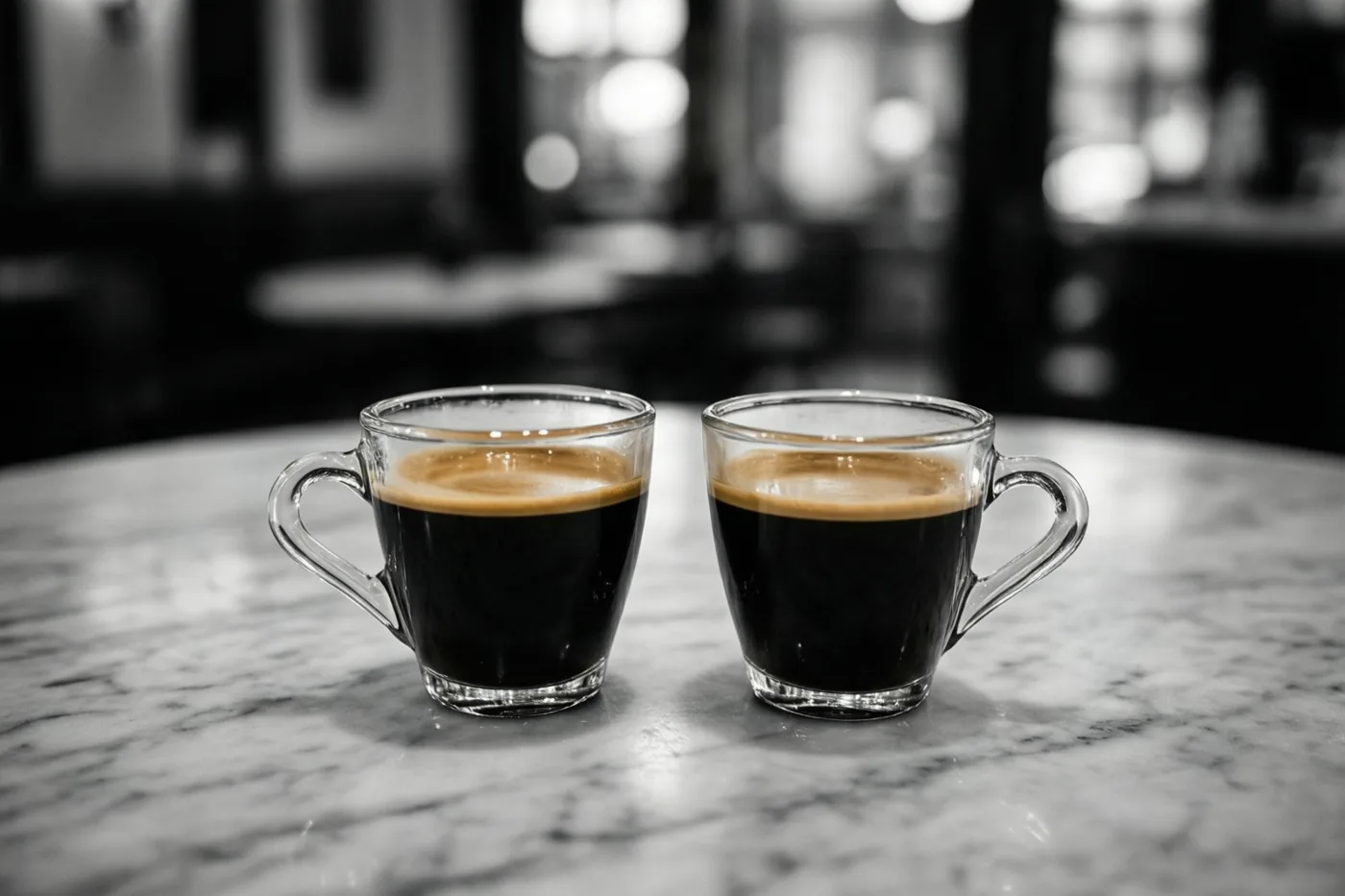 Twee doorzichtige glazen espressokopjes met donkere koffie en een lichte cremalaag staan naast elkaar op een marmeren werkblad voor een zacht onscherpe achtergrond.