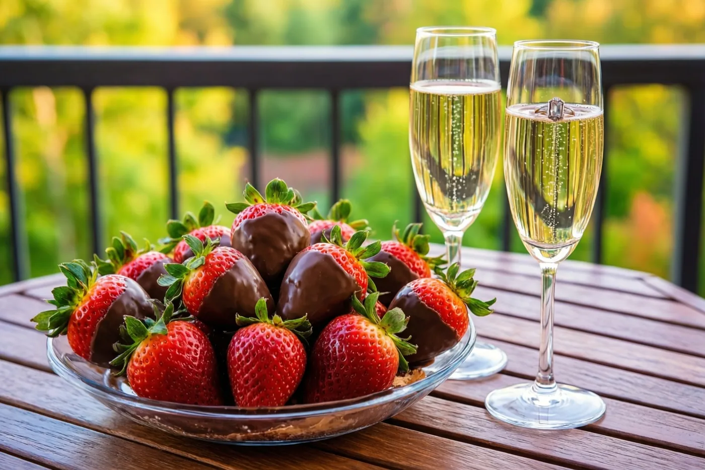 Een glazen kom met aardbeien in chocolade staat op een houten balkontafel naast twee champagneglazen, waarvan één een verlovingsring bevat, tegen een onscherpe groene achtergrond.