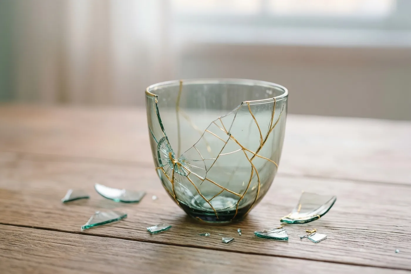 Een met gouden lijnen herstelde glazen kop staat op een houten tafel met losse scherven eromheen tegen een onscherpe achtergrond.