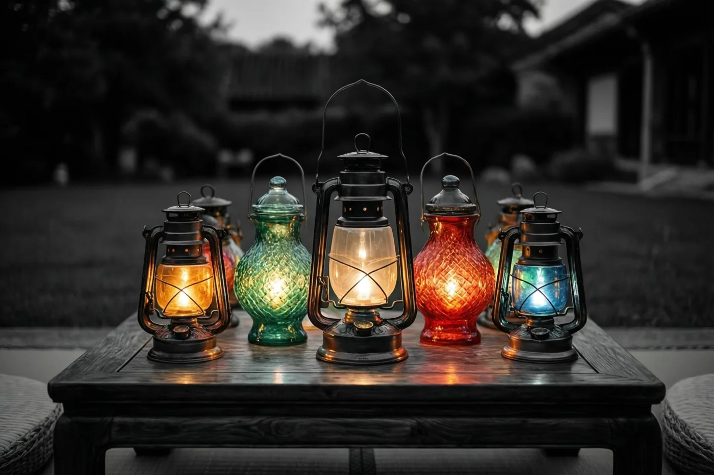 Gekleurde glazen lantaarns geven warm licht op een donkere houten tafel buiten in de avond, tegen een achtergrond met gedempte kleuren.