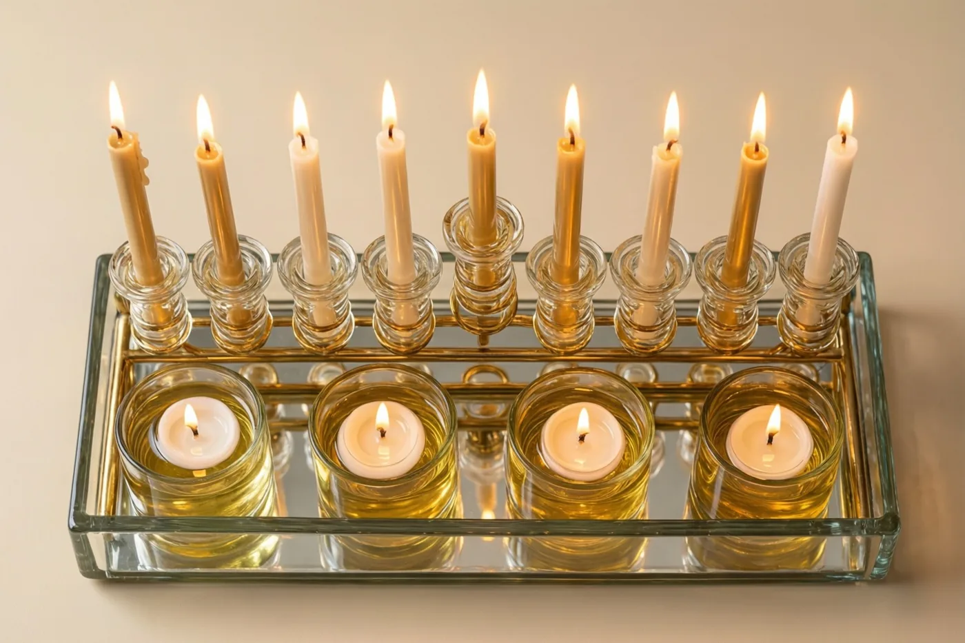 Een glazen menora met negen brandende kaarsen staat bij vier drijvende olielichtjes op een spiegelend dienblad tegen een effen achtergrond in warm goudkleurig licht.
