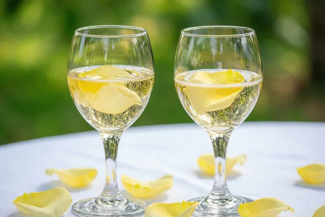 Twee champagneglazen met gele rozenblaadjes in de bruisende drank staan buiten op een wit tafelkleed tegen een onscherpe groene achtergrond.