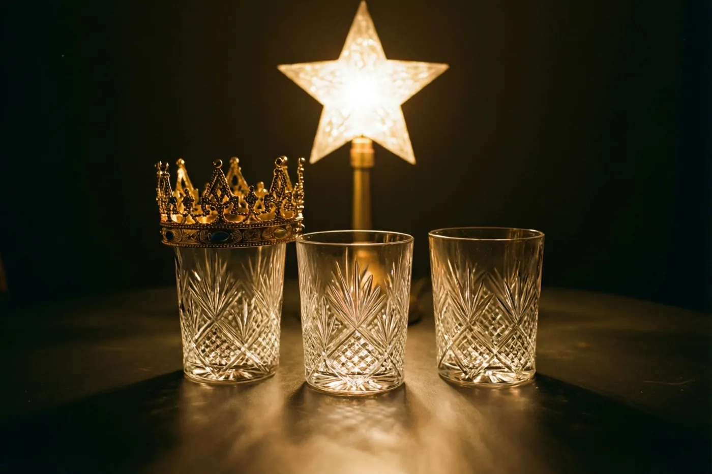 Drie kristallen glazen staan op een donkere tafel onder het warme licht van een stervormige lamp, met een gouden kroon op een van de glazen en een donkere achtergrond.