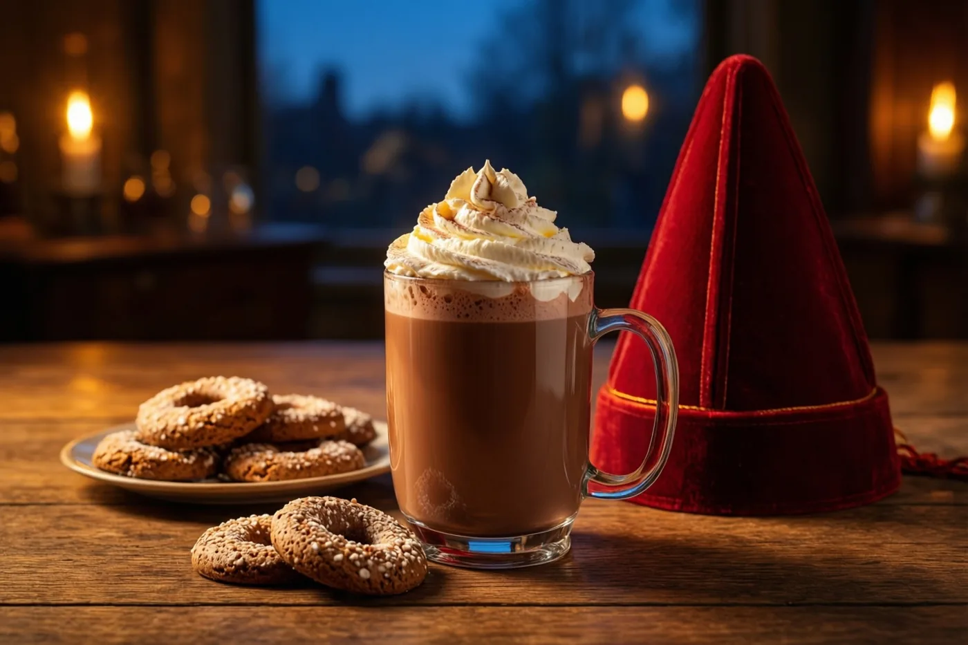 Een glazen mok warme chocolademelk met slagroom staat op een houten tafel naast een rode fluwelen mijter en een bord pepernoten, met kaarsen op de achtergrond.