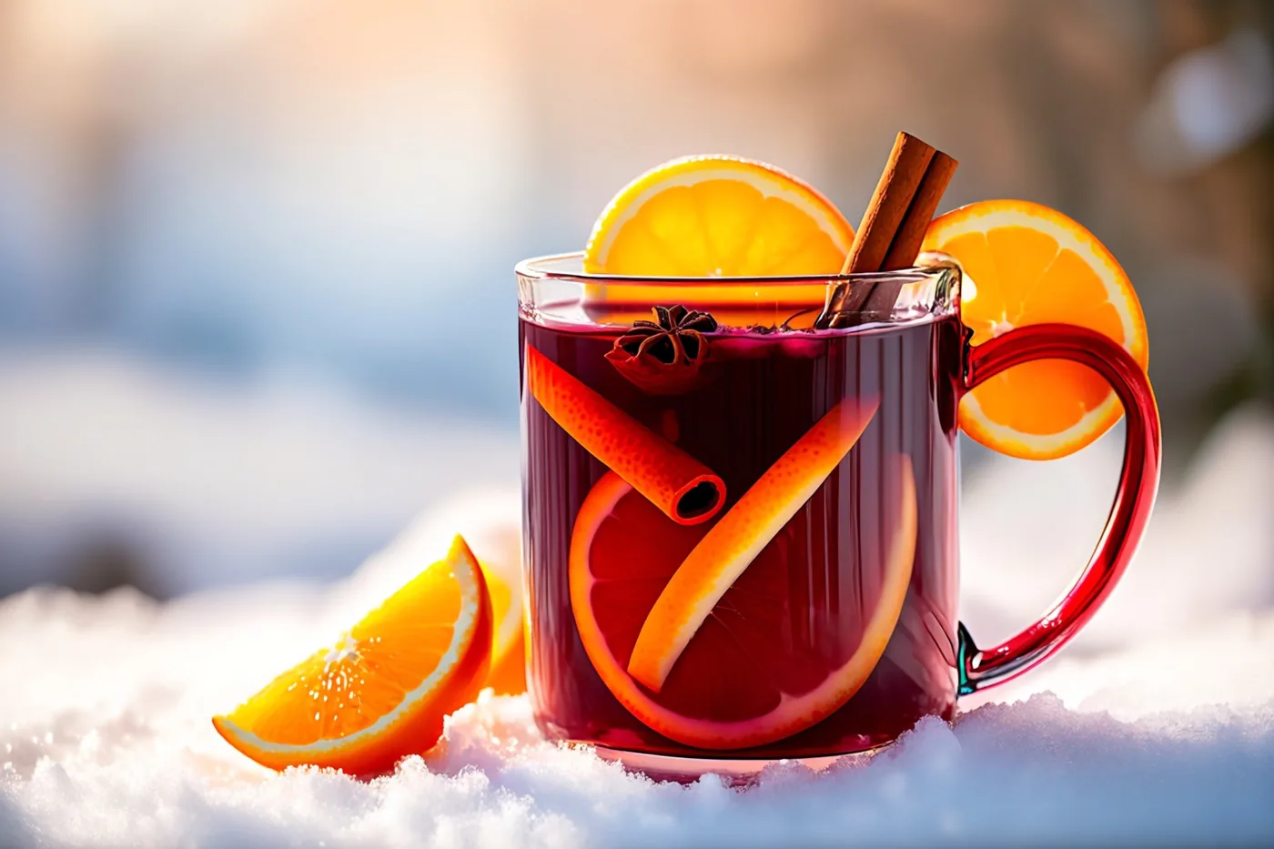 Een glazen mok met glühwein, sinaasappelschijfjes en kaneelstokjes staat in verse sneeuw in warm licht.