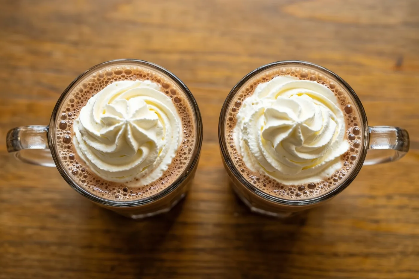 Twee gelijke glazen mokken warme chocolademelk met slagroom staan naast elkaar op een houten tafel in warme bruine en roomwitte tinten.
